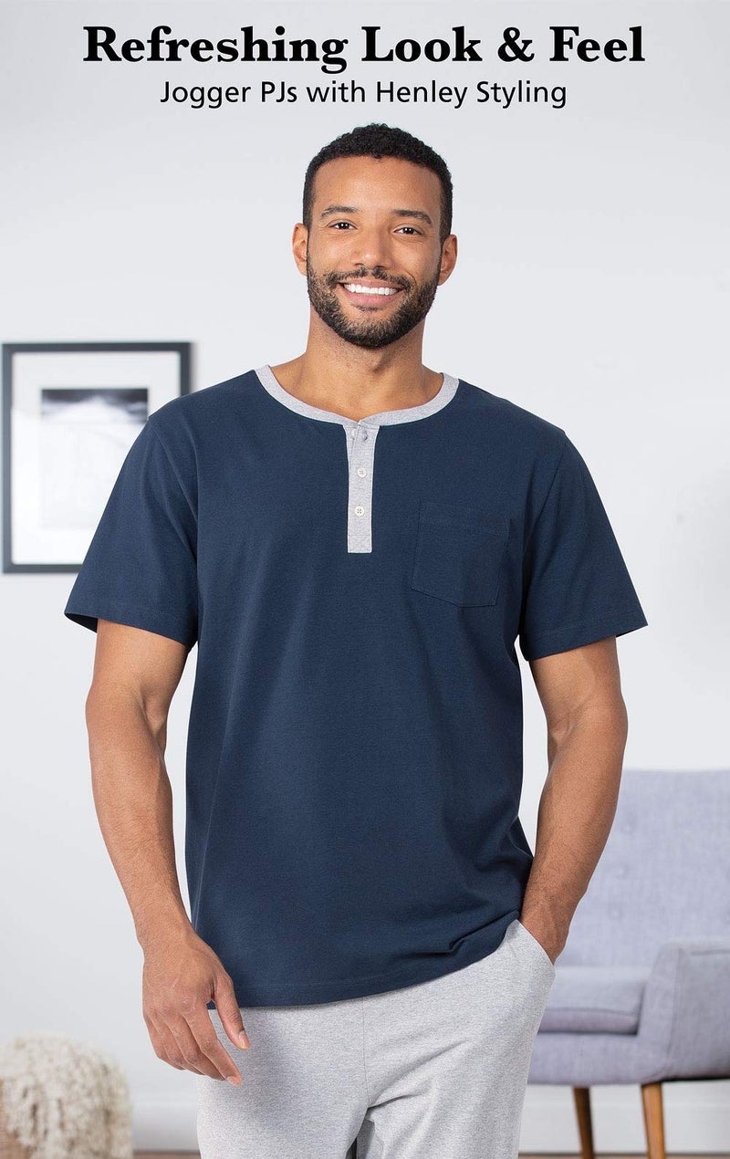 PajamaGram Mens Lightweight Jogger Pants Pajama Set 100 Cotton PJ Sets for Men Casual Joggers for Men with Pockets Sets Gray Jogger Pants for Navy Blue Short Sleeve Henley Top LG - Image 3